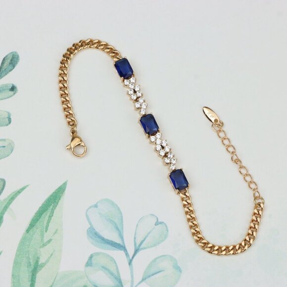 Rose Gold Chain Bracelet with Blue Emerald Cut & CZ, Luxe Contrast Look,XPBL0746 - Picture 3 of 12